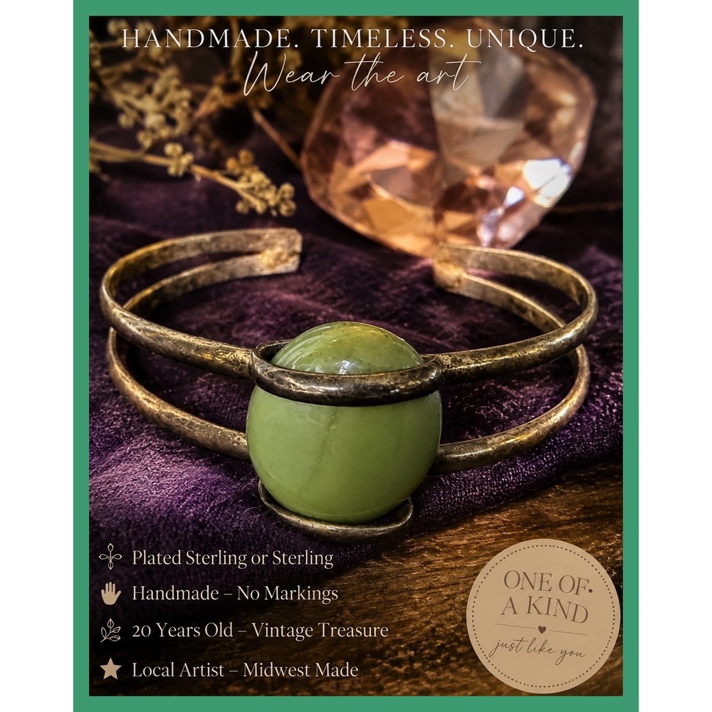 Vintage Handmade Silver Plated Green Stone Cuff Bracelet Artisan Midwest